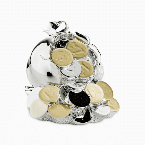 Statuetta in Resina Argentata Raffigurante un Melograno Portafortuna con Soldi in Oro e Argento dimensione Media Resina Argentata Albalu Bomboniere